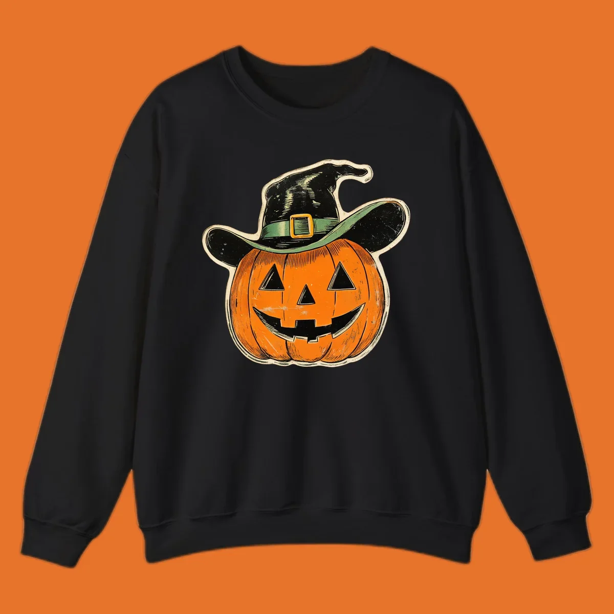 Vintage witchy pumpkin pal illustration with a smiling jack-o-lantern wearing a witch hat.