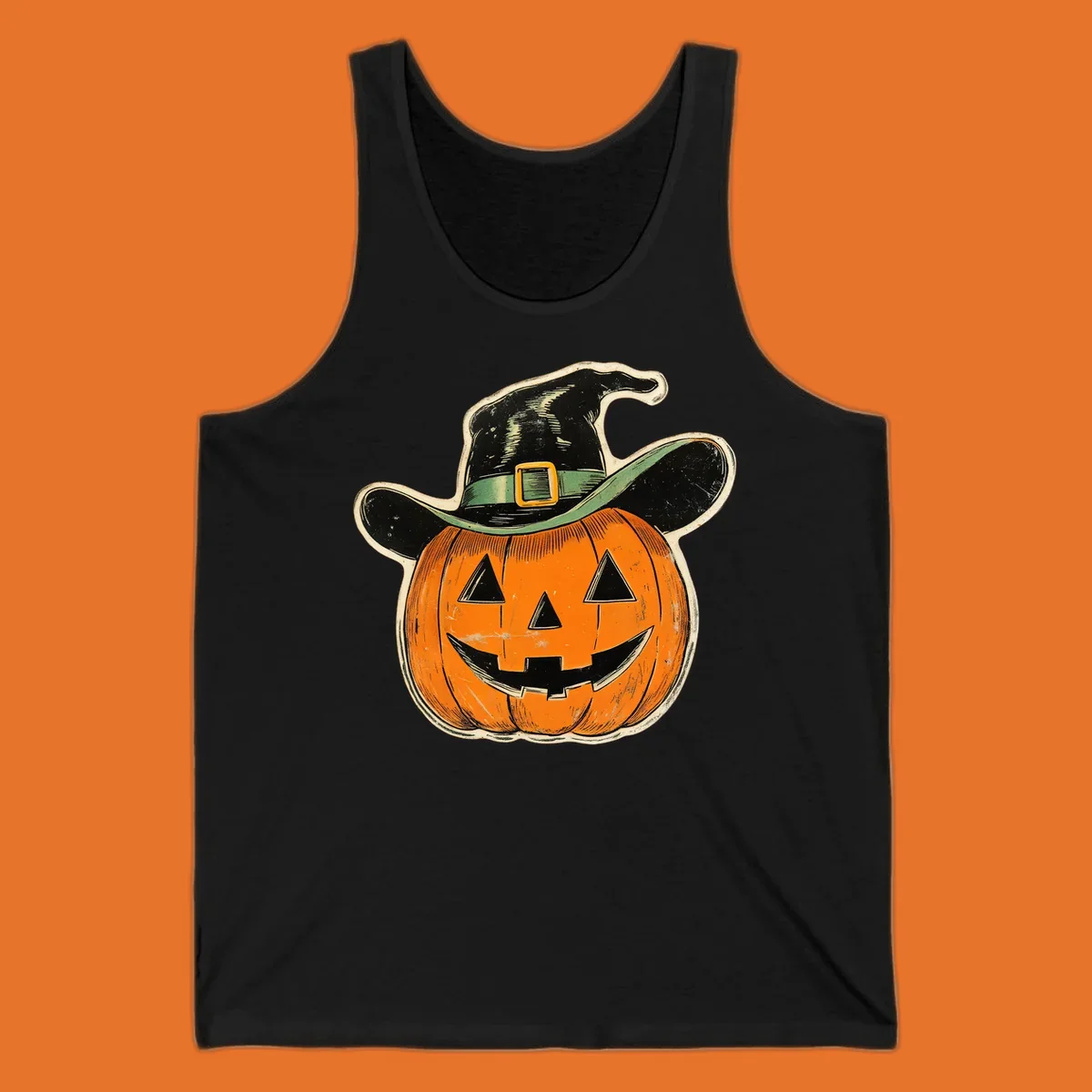 Vintage witchy pumpkin pal illustration with a smiling jack-o-lantern wearing a witch hat.