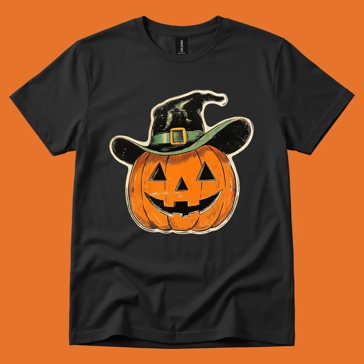 Vintage witchy pumpkin pal illustration with a smiling jack-o-lantern wearing a witch hat.