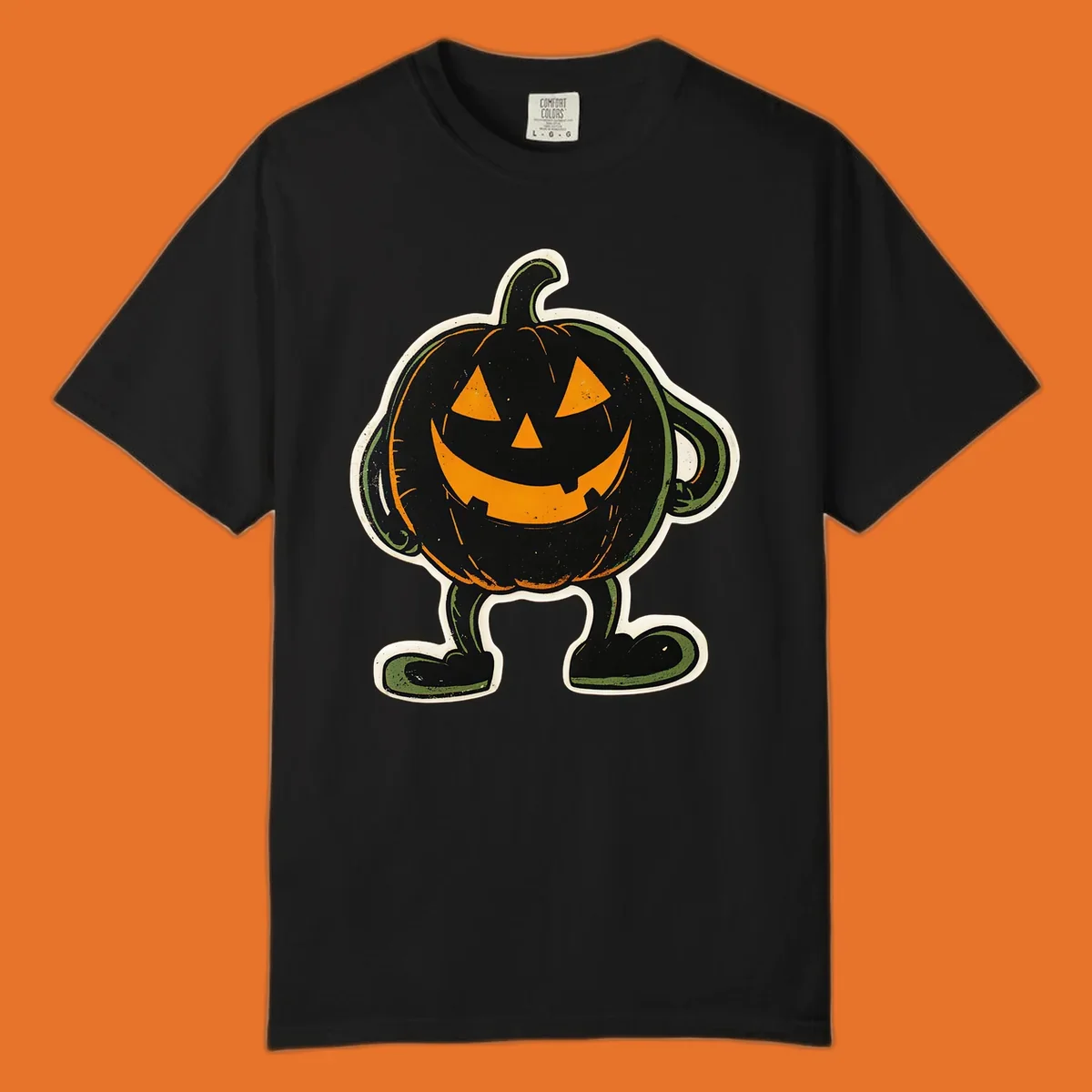 Grinning pumpkin character illustration with glowing orange eyes and mouth, vintage style. Primary keyword: grinning-pumpkin-character.