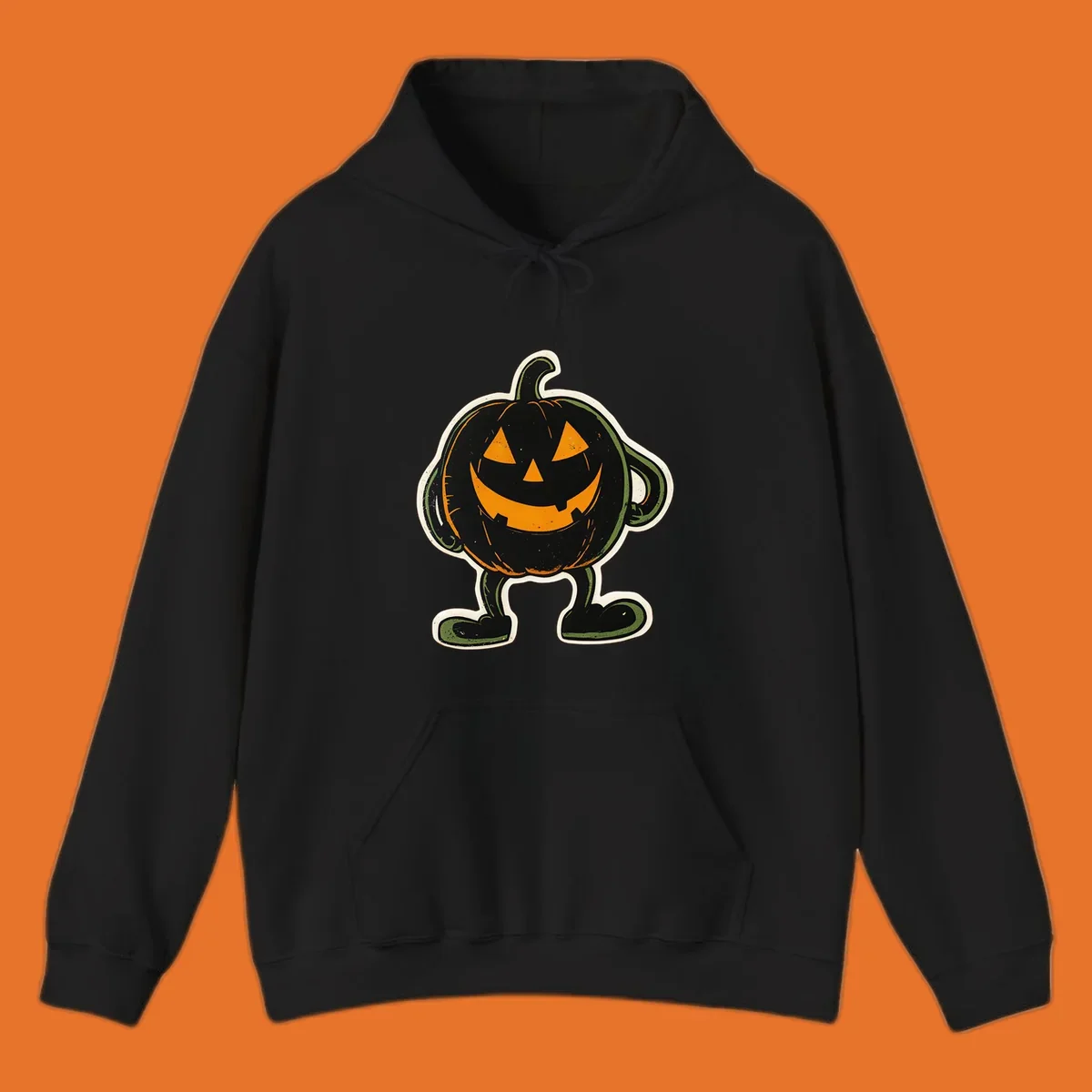 Grinning pumpkin character illustration with glowing orange eyes and mouth, vintage style. Primary keyword: grinning-pumpkin-character.