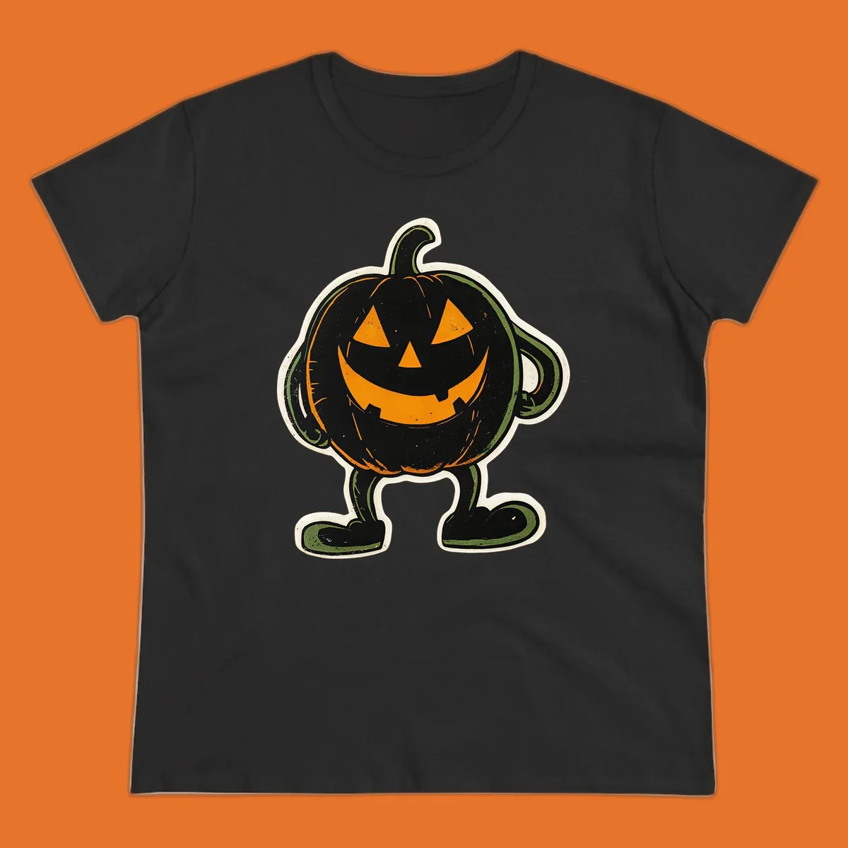 Grinning pumpkin character illustration with glowing orange eyes and mouth, vintage style. Primary keyword: grinning-pumpkin-character.