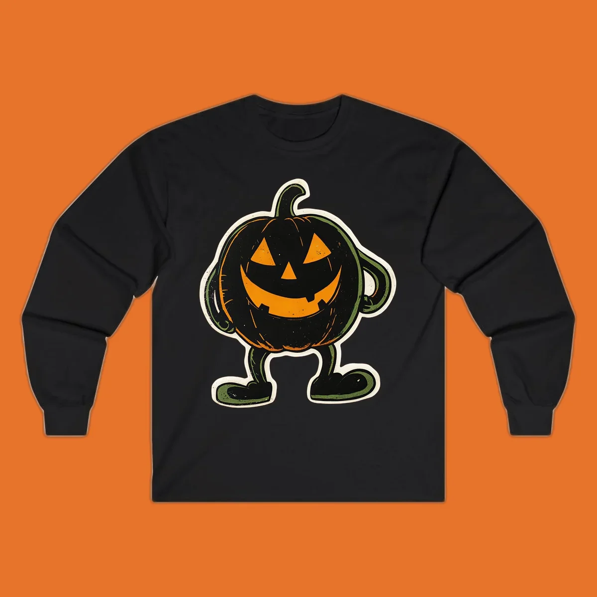 Grinning pumpkin character illustration with glowing orange eyes and mouth, vintage style. Primary keyword: grinning-pumpkin-character.