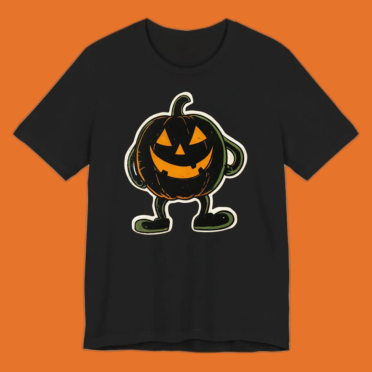 Grinning pumpkin character illustration with glowing orange eyes and mouth, vintage style. Primary keyword: grinning-pumpkin-character.