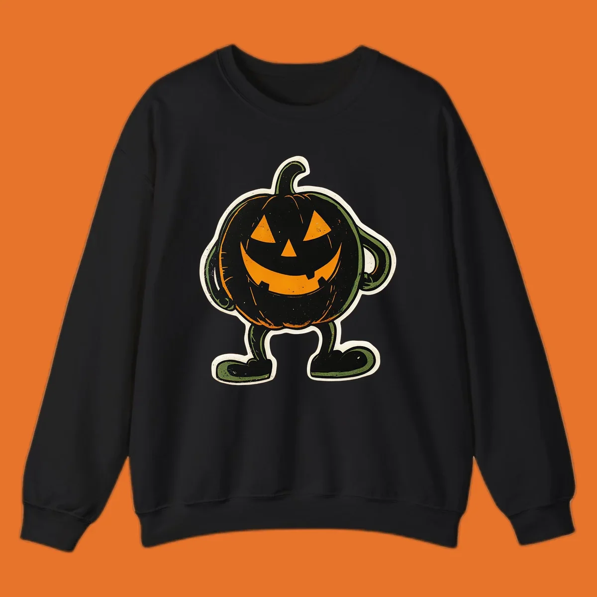 Grinning pumpkin character illustration with glowing orange eyes and mouth, vintage style. Primary keyword: grinning-pumpkin-character.