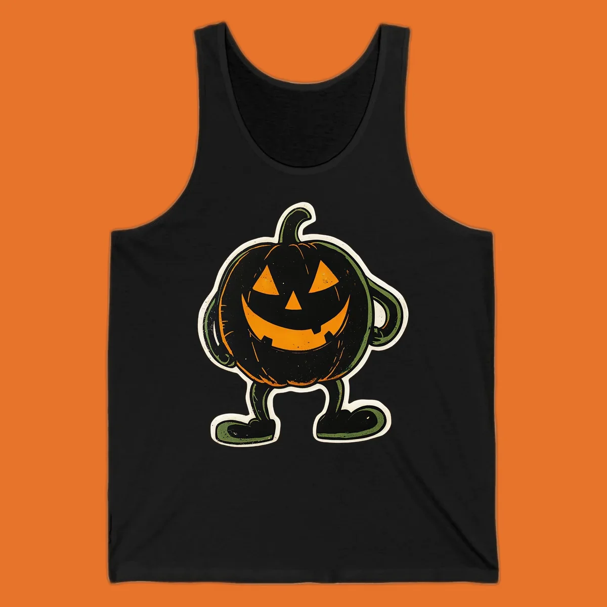 Grinning pumpkin character illustration with glowing orange eyes and mouth, vintage style. Primary keyword: grinning-pumpkin-character.