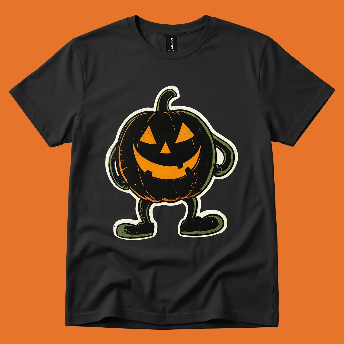 Grinning pumpkin character illustration with glowing orange eyes and mouth, vintage style. Primary keyword: grinning-pumpkin-character.