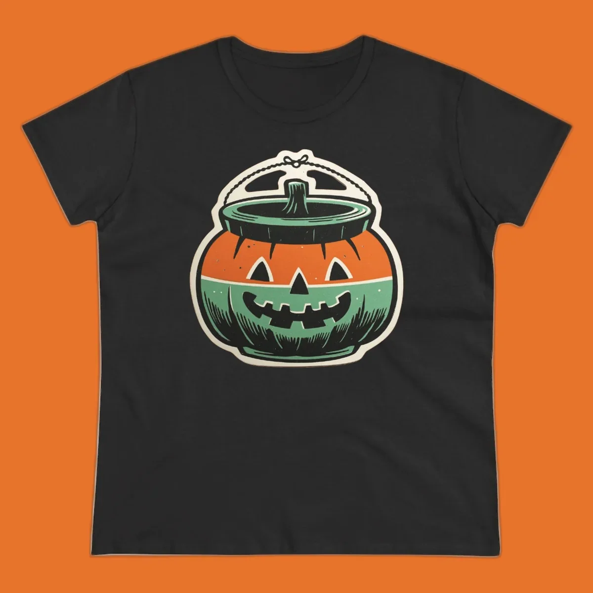 Vintage pumpkin bucket illustration with carved face and handle. Vintage-pumpkin-bucket.
