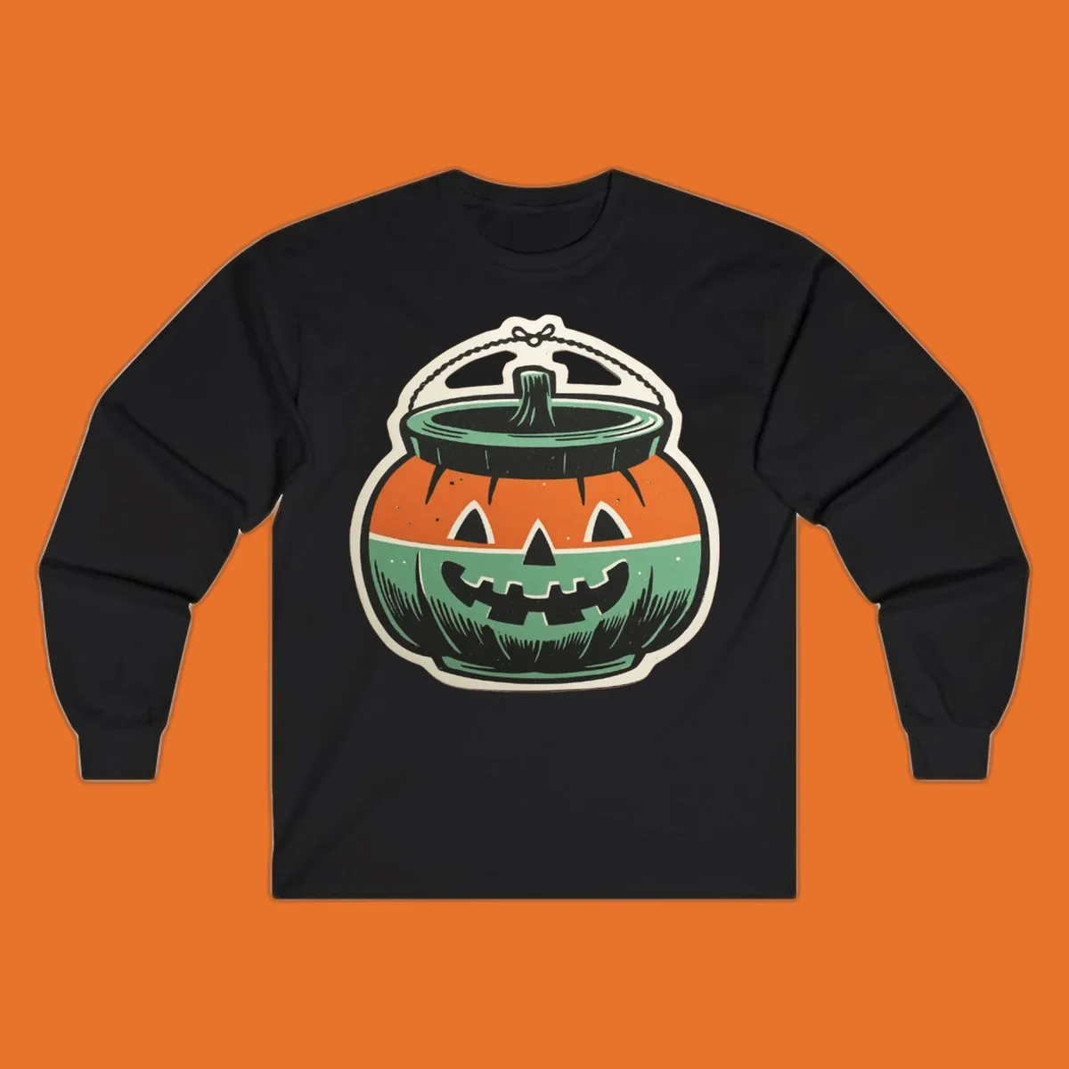 Vintage pumpkin bucket illustration with carved face and handle. Vintage-pumpkin-bucket.
