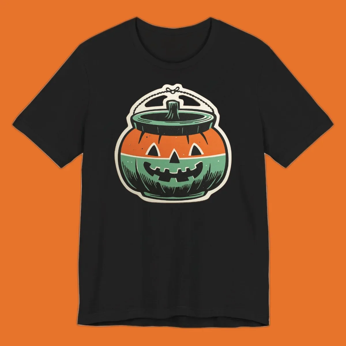 Vintage pumpkin bucket illustration with carved face and handle. Vintage-pumpkin-bucket.