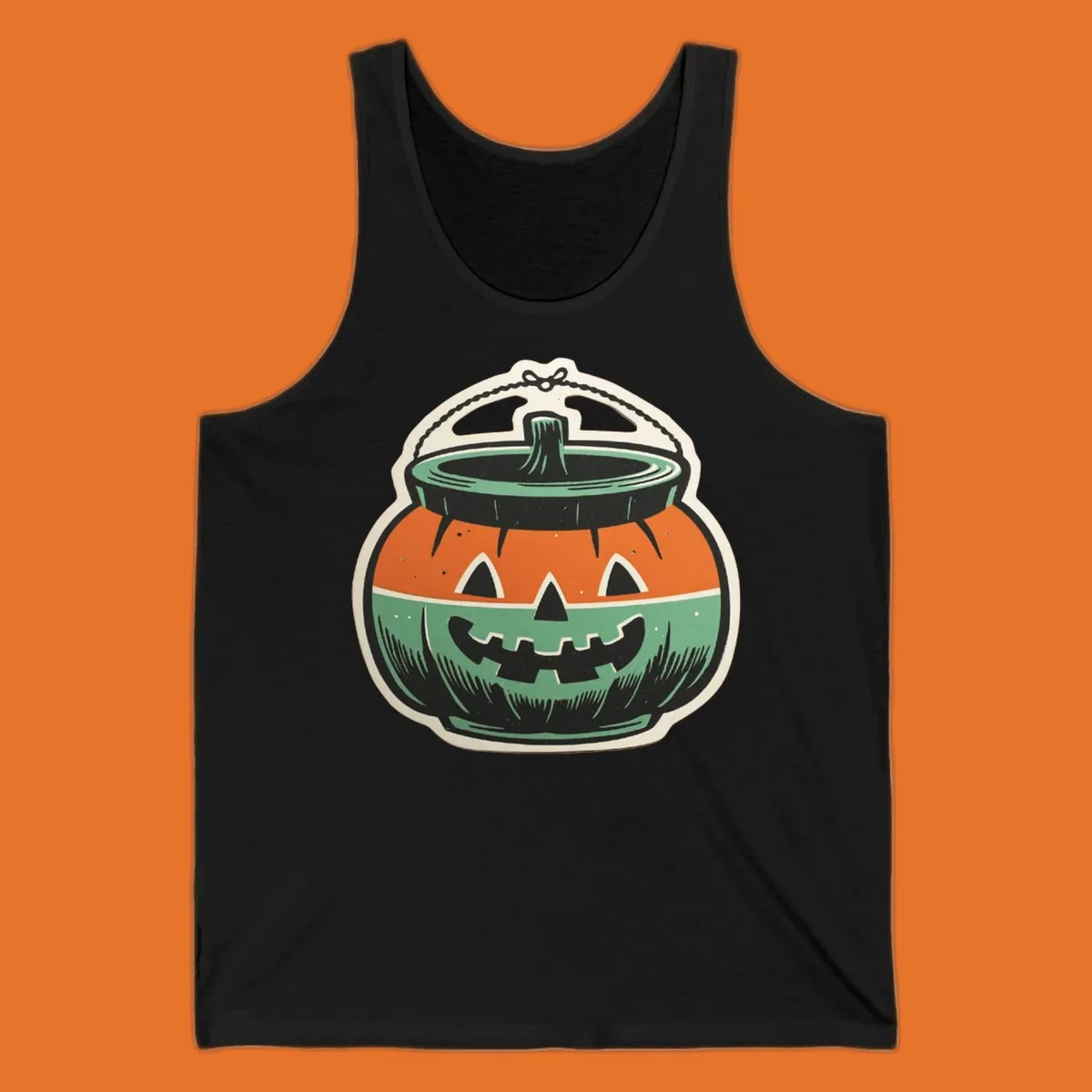 Vintage pumpkin bucket illustration with carved face and handle. Vintage-pumpkin-bucket.