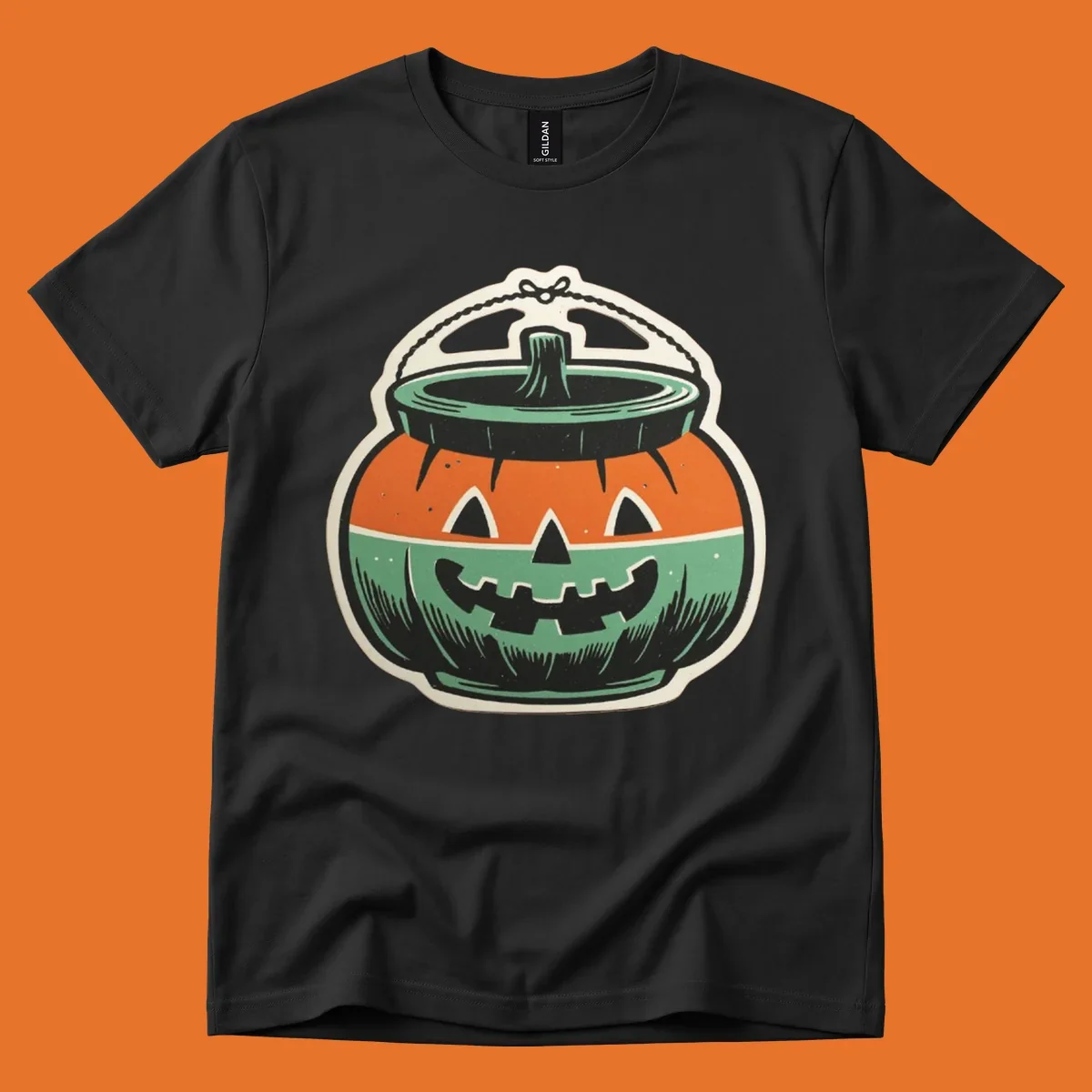 Vintage pumpkin bucket illustration with carved face and handle. Vintage-pumpkin-bucket.