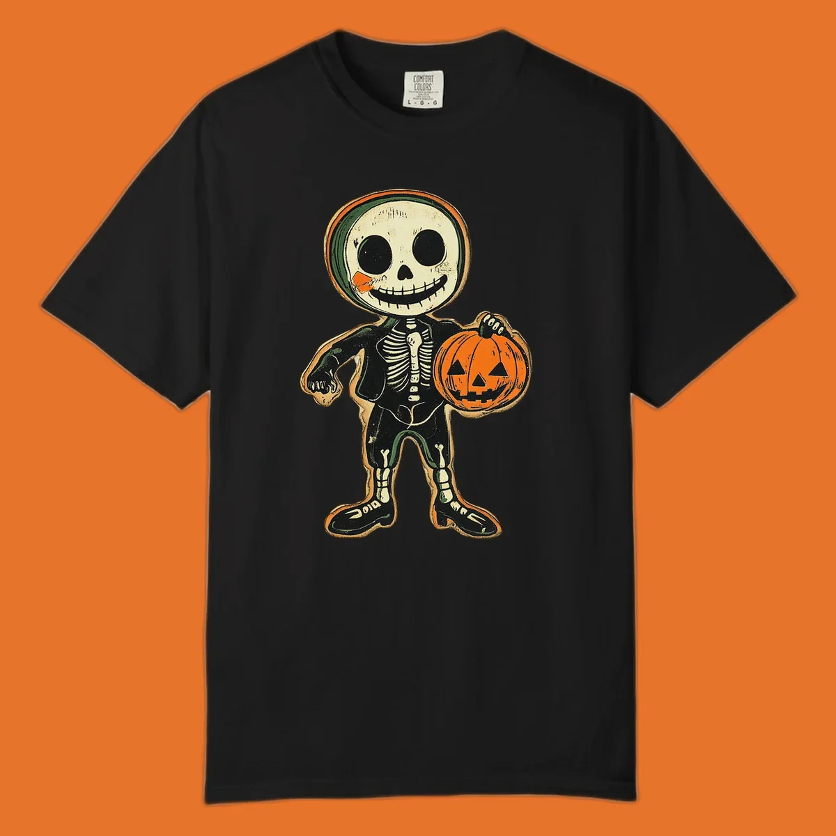Vintage skeleton character holding a jack-o-lantern, skeleton-pumpkin-character