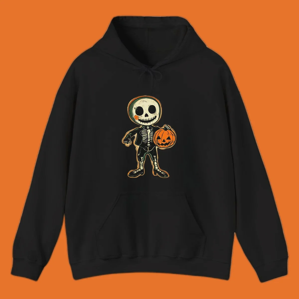 Vintage skeleton character holding a jack-o-lantern, skeleton-pumpkin-character