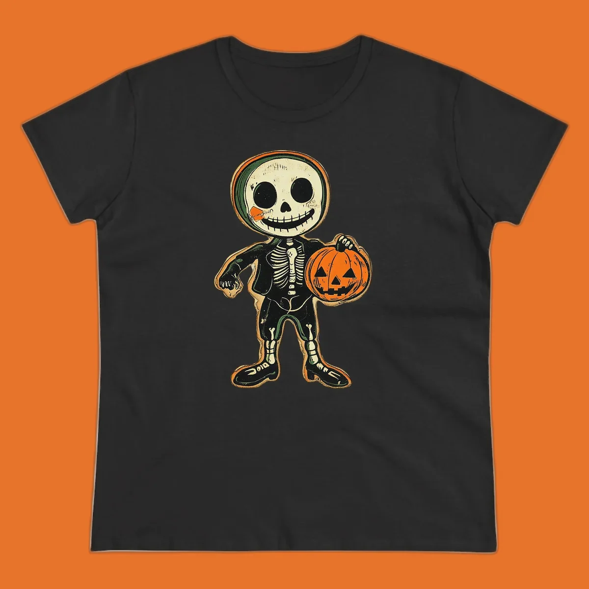 Vintage skeleton character holding a jack-o-lantern, skeleton-pumpkin-character