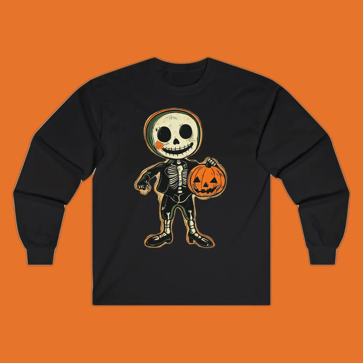 Vintage skeleton character holding a jack-o-lantern, skeleton-pumpkin-character