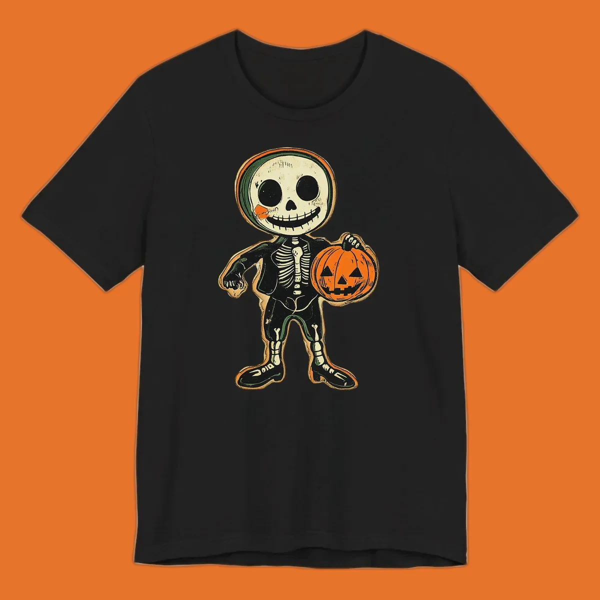Vintage skeleton character holding a jack-o-lantern, skeleton-pumpkin-character