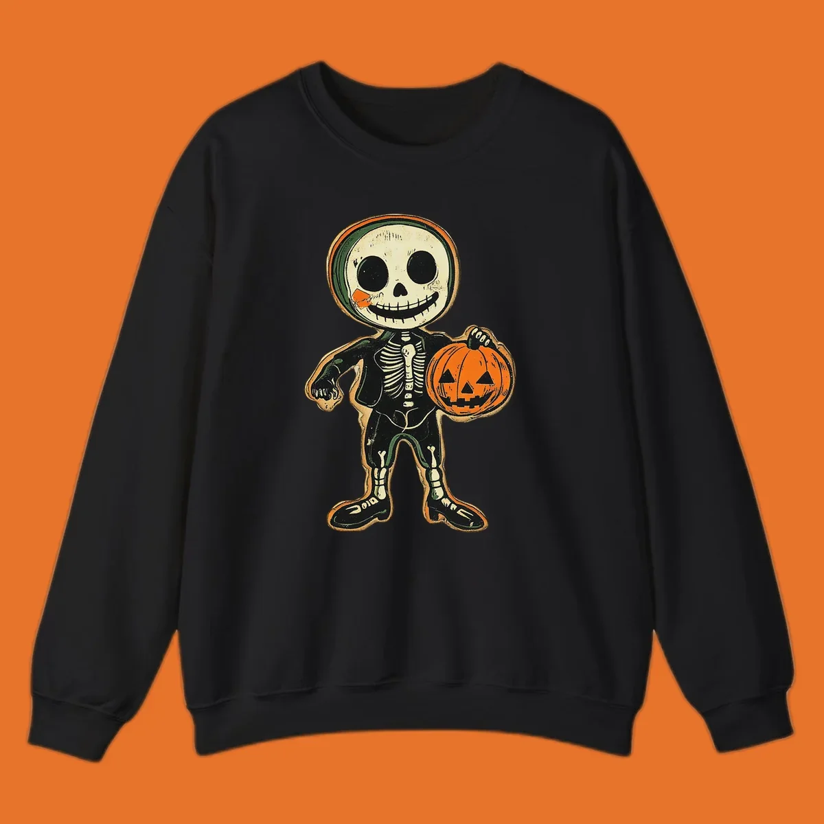 Vintage skeleton character holding a jack-o-lantern, skeleton-pumpkin-character
