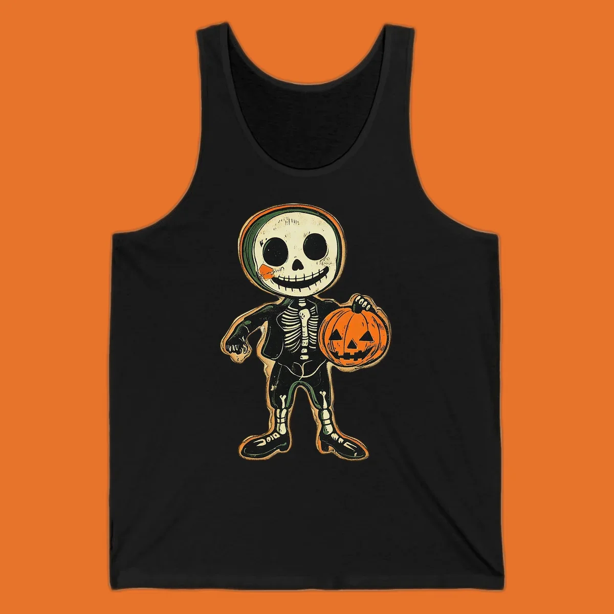 Vintage skeleton character holding a jack-o-lantern, skeleton-pumpkin-character