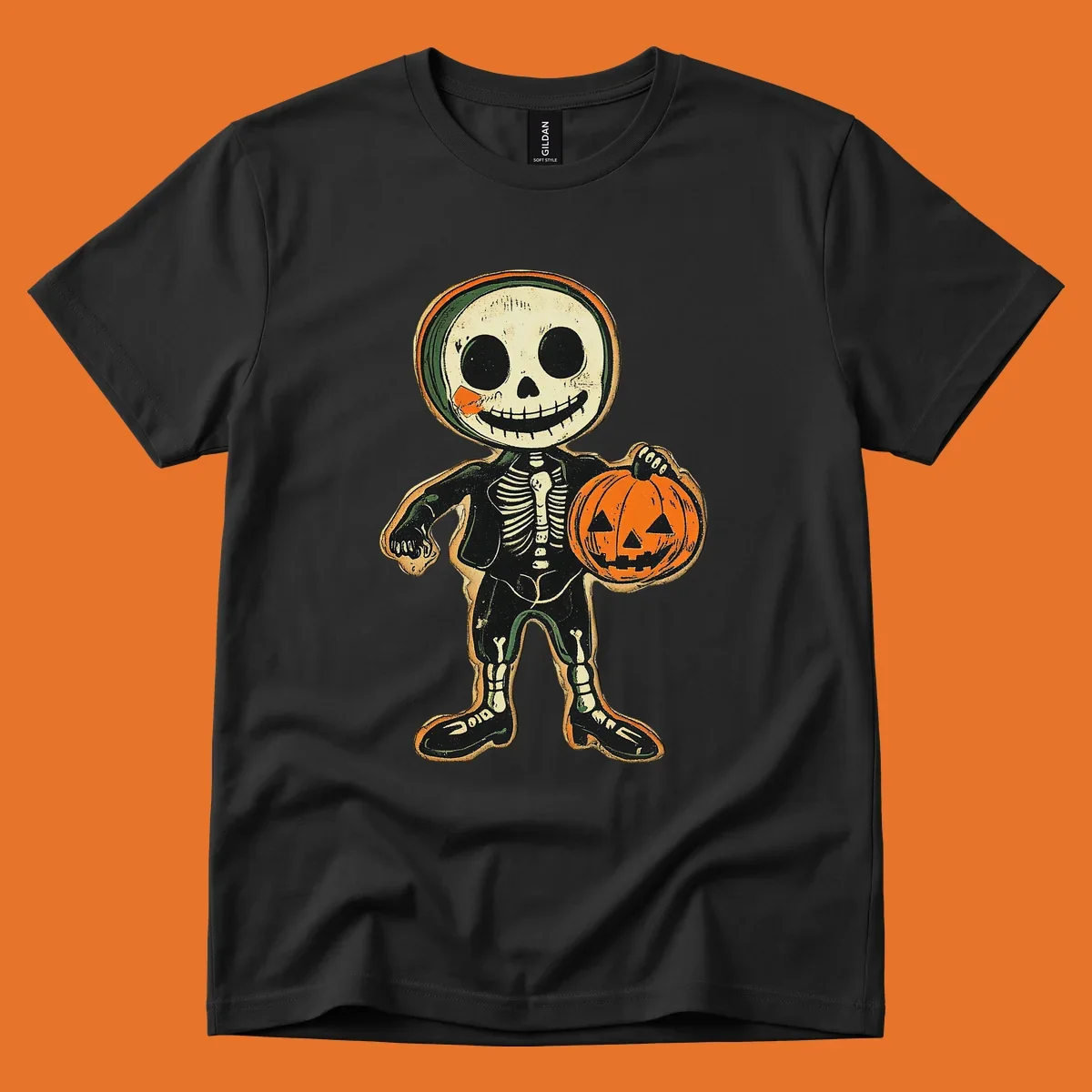 Vintage skeleton character holding a jack-o-lantern, skeleton-pumpkin-character