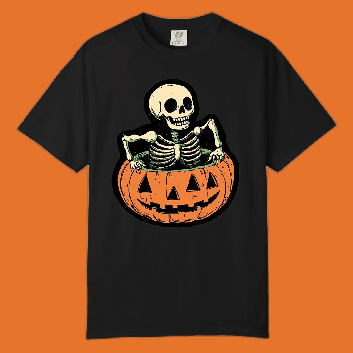 Skeleton sitting in a jack-o-lantern, spooky halloween design.