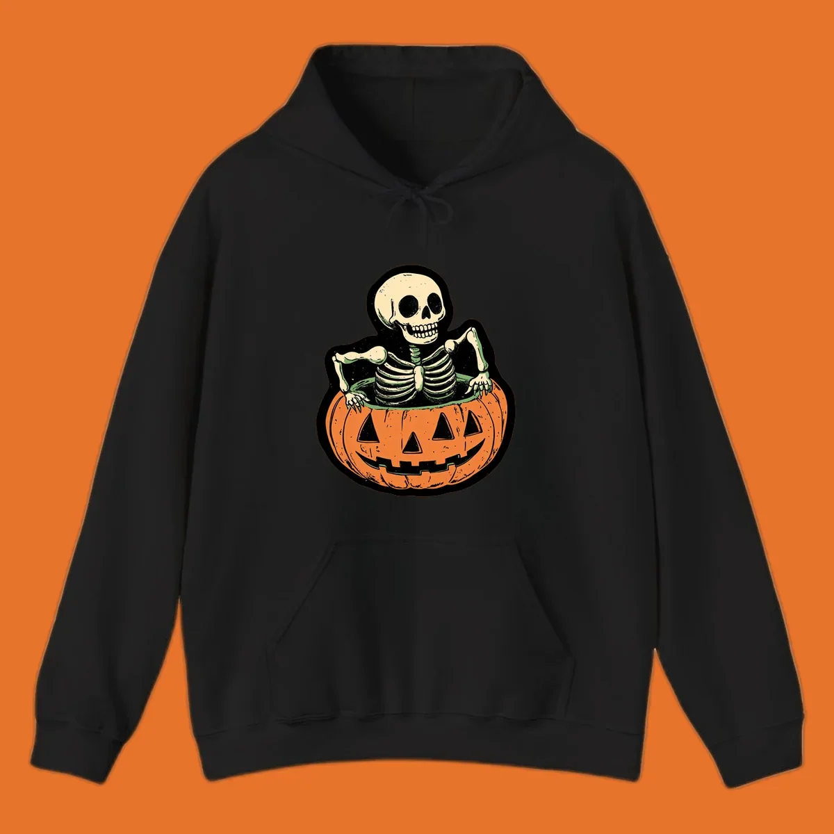 Skeleton sitting in a jack-o-lantern, spooky halloween design.