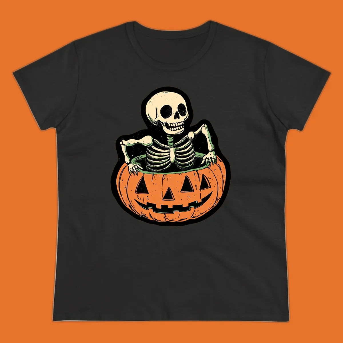 Skeleton sitting in a jack-o-lantern, spooky halloween design.