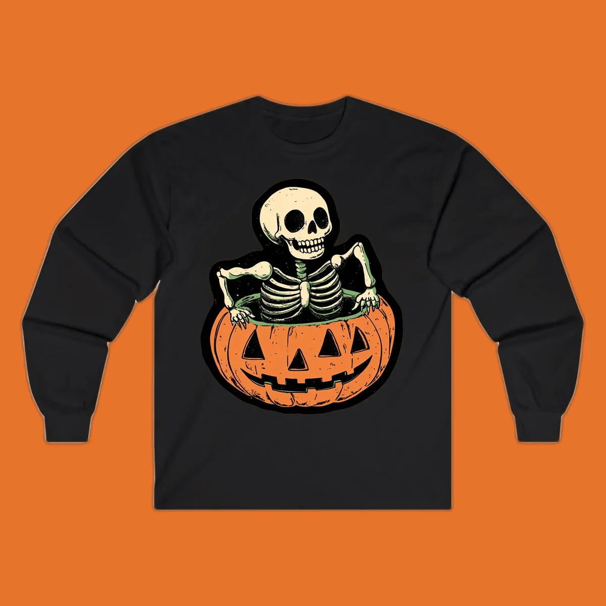 Skeleton sitting in a jack-o-lantern, spooky halloween design.