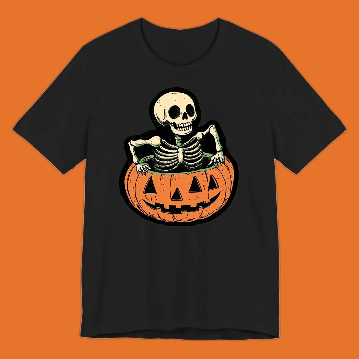 Skeleton sitting in a jack-o-lantern, spooky halloween design.