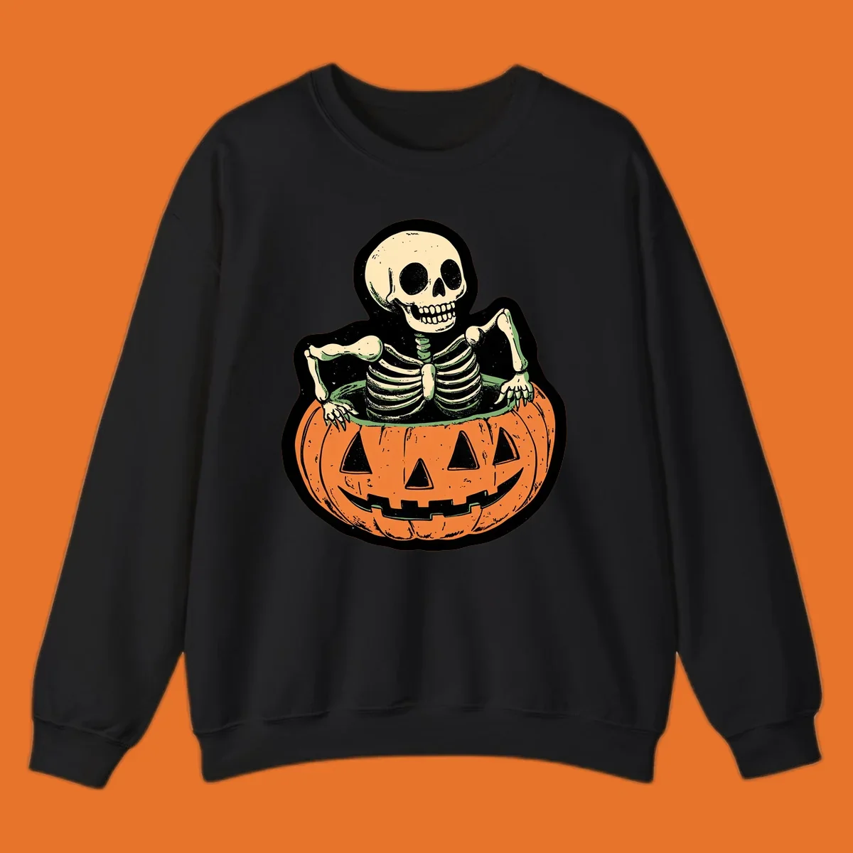Skeleton sitting in a jack-o-lantern, spooky halloween design.