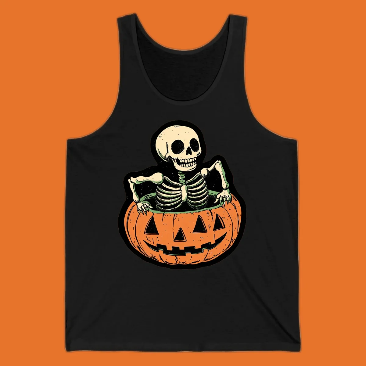 Skeleton sitting in a jack-o-lantern, spooky halloween design.