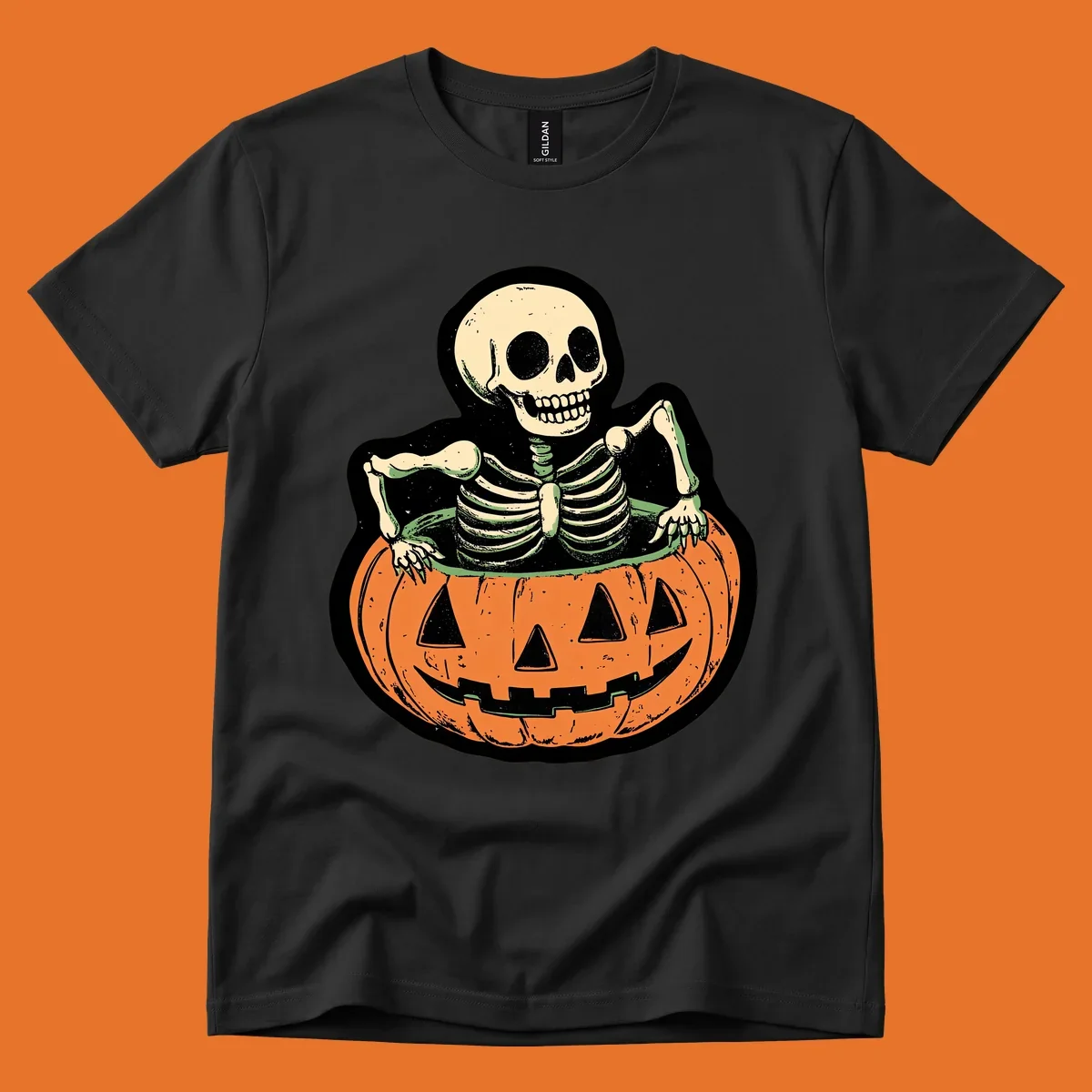 Skeleton sitting in a jack-o-lantern, spooky halloween design.