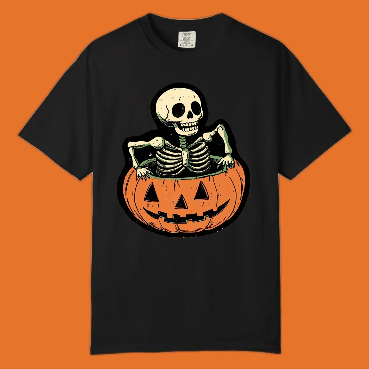 Skeleton emerging from a carved jack-o-lantern, vintage halloween design.
