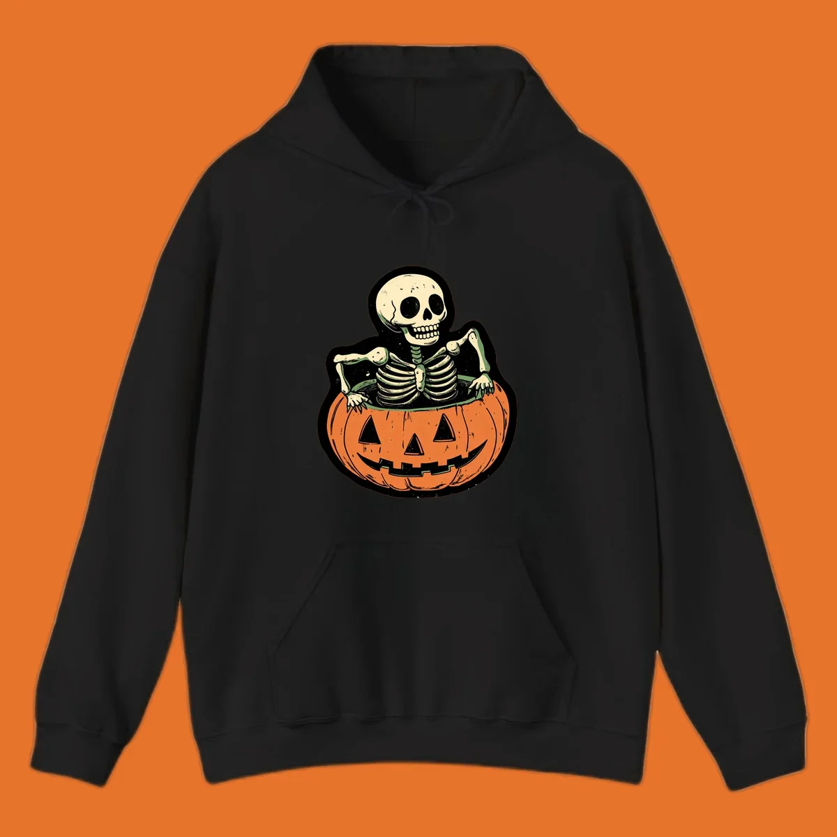 Skeleton emerging from a carved jack-o-lantern, vintage halloween design.