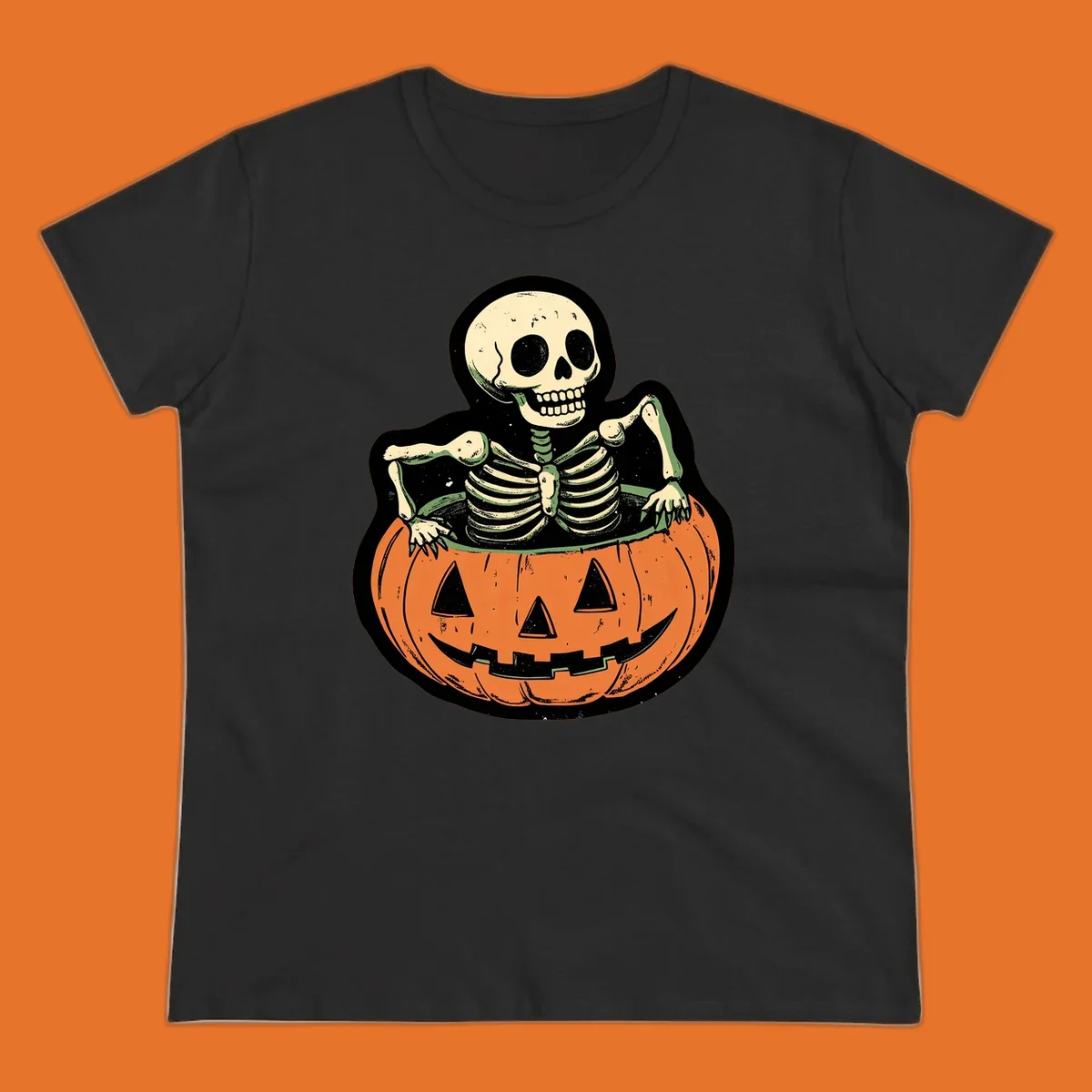 Skeleton emerging from a carved jack-o-lantern, vintage halloween design.