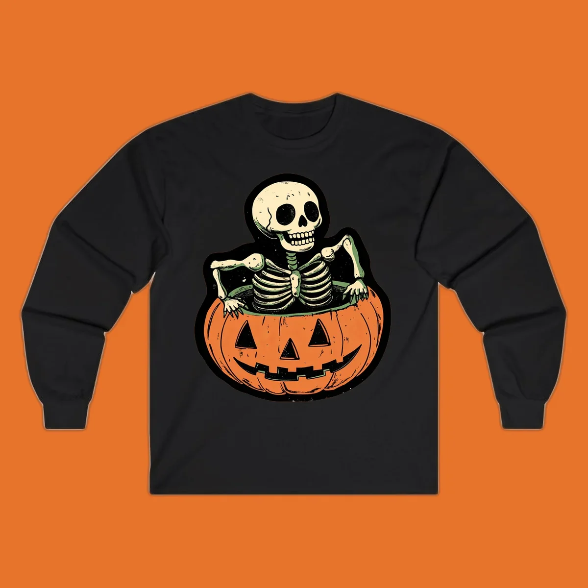 Skeleton emerging from a carved jack-o-lantern, vintage halloween design.