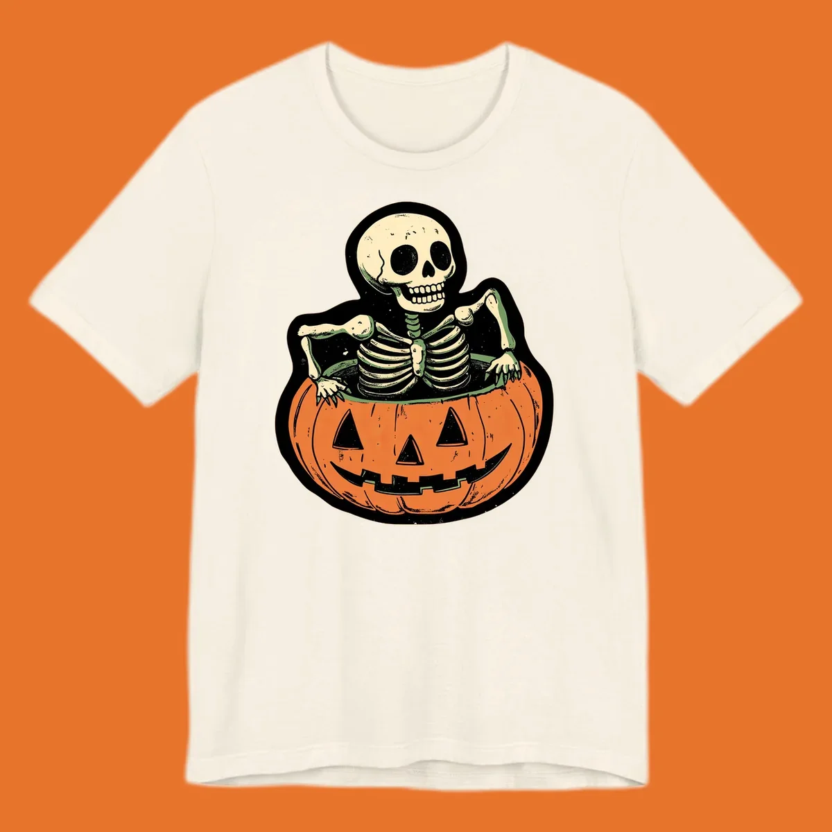 Skeleton emerging from a carved jack-o-lantern, vintage halloween design.