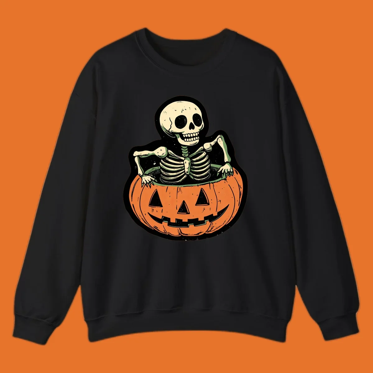 Skeleton emerging from a carved jack-o-lantern, vintage halloween design.