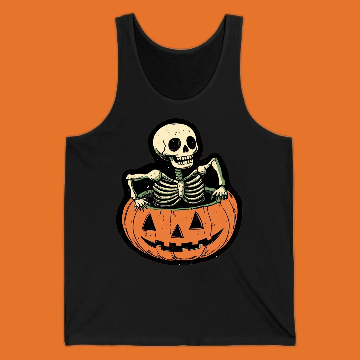 Skeleton emerging from a carved jack-o-lantern, vintage halloween design.