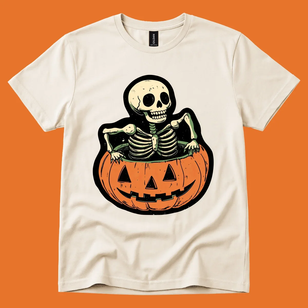 Skeleton emerging from a carved jack-o-lantern, vintage halloween design.