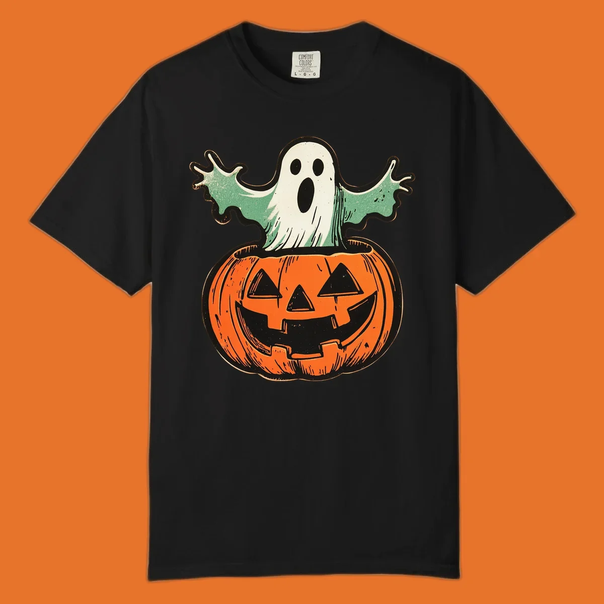 Vintage ghost emerging from a jack-o-lantern, perfect for Halloween.
