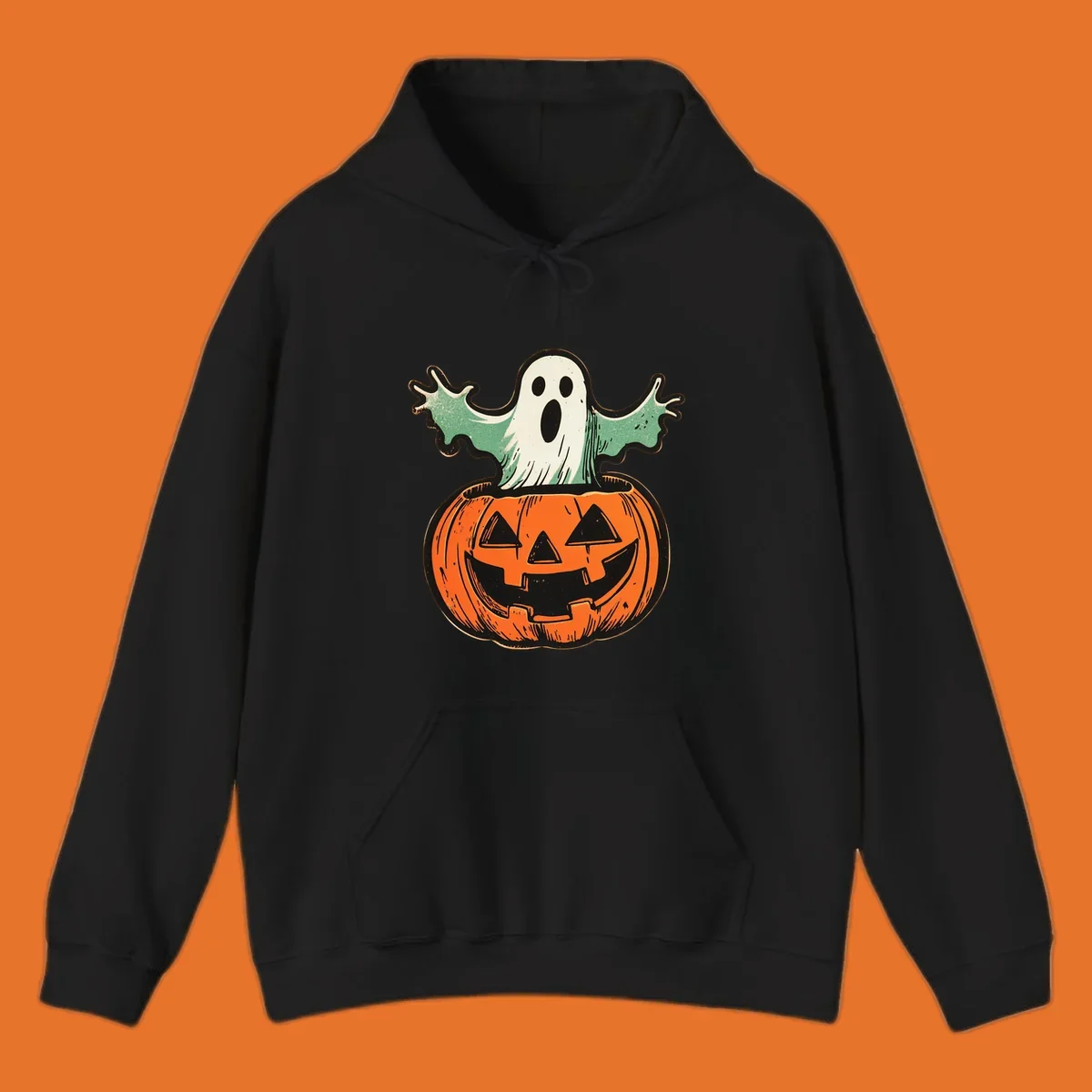 Vintage ghost emerging from a jack-o-lantern, perfect for Halloween.