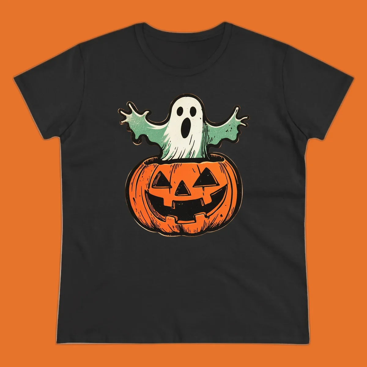 Vintage ghost emerging from a jack-o-lantern, perfect for Halloween.