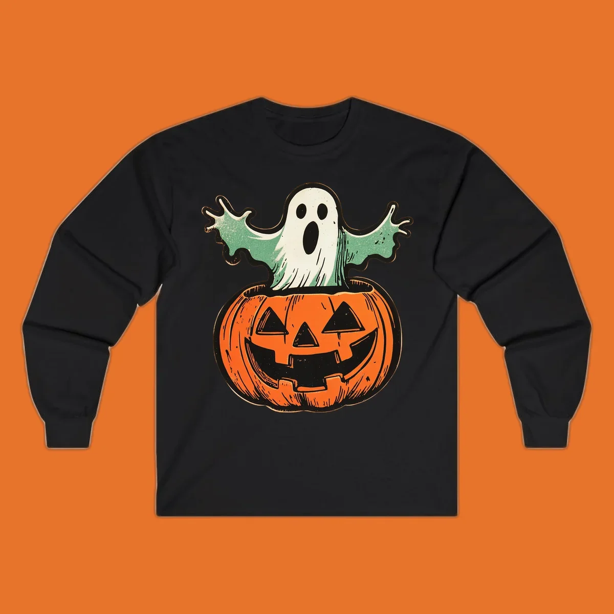 Vintage ghost emerging from a jack-o-lantern, perfect for Halloween.