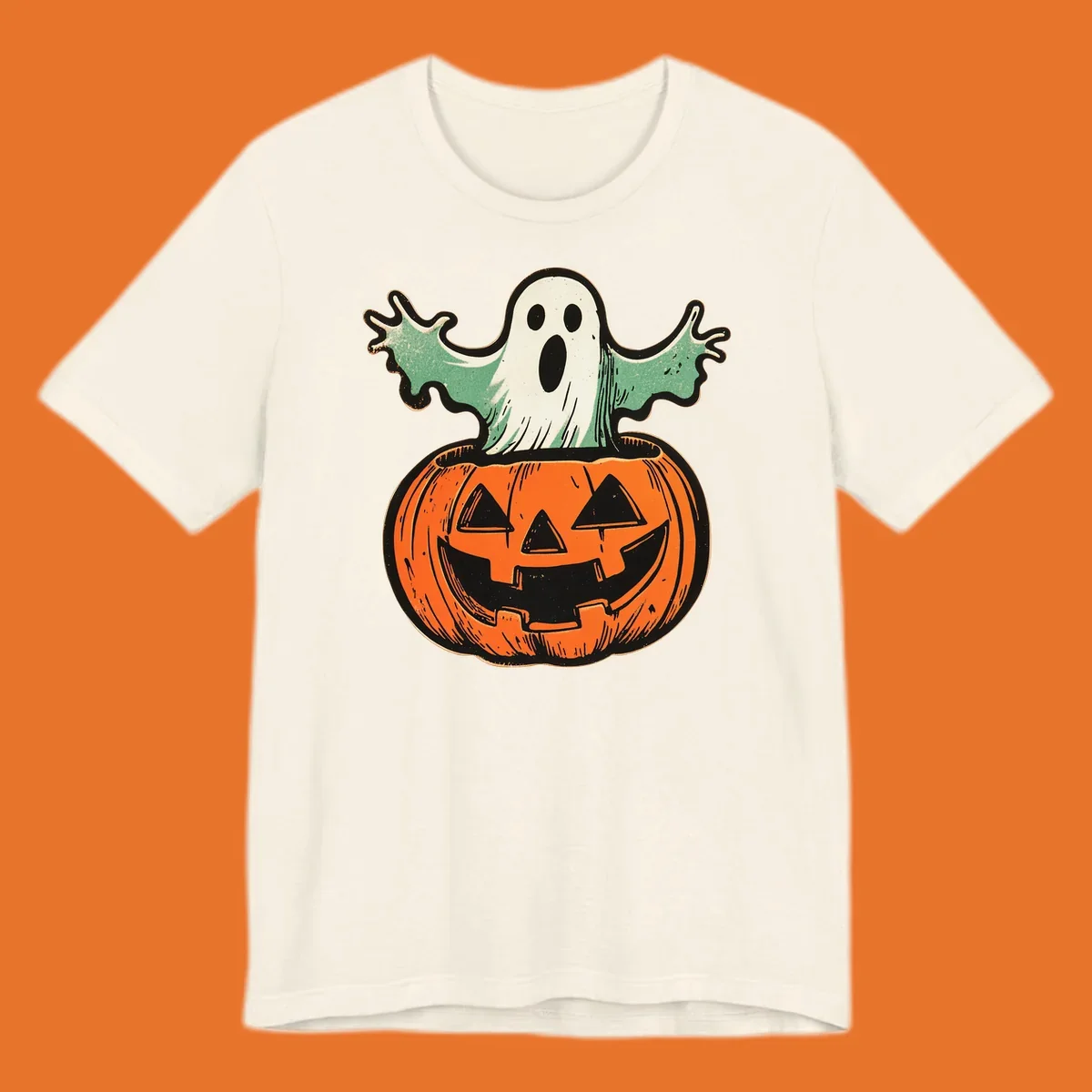 Vintage ghost emerging from a jack-o-lantern, perfect for Halloween.