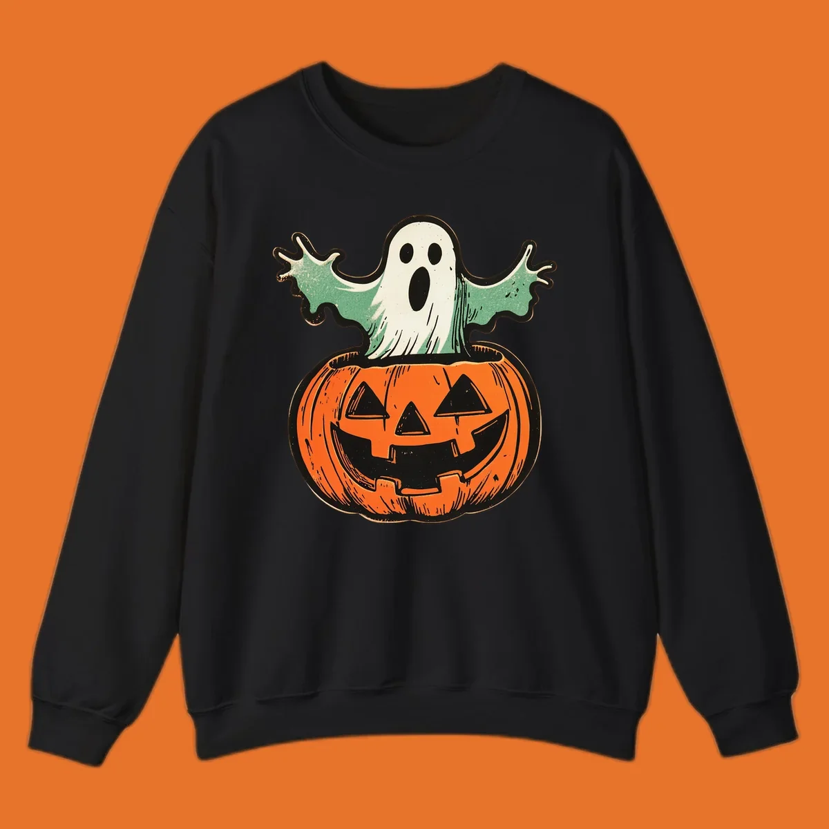 Vintage ghost emerging from a jack-o-lantern, perfect for Halloween.