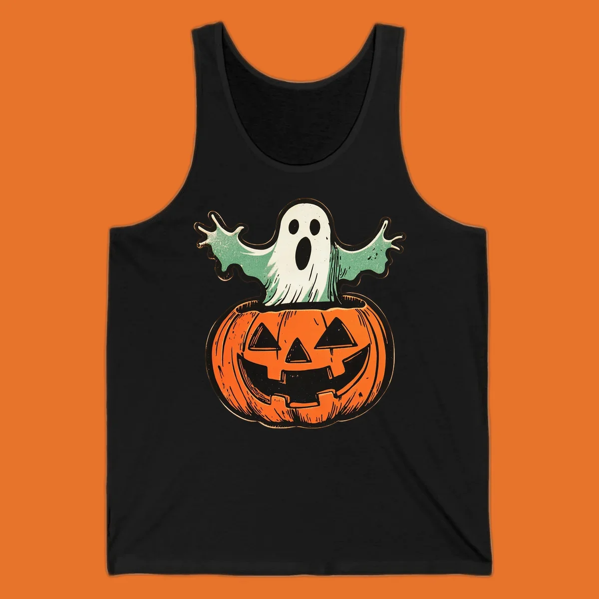 Vintage ghost emerging from a jack-o-lantern, perfect for Halloween.