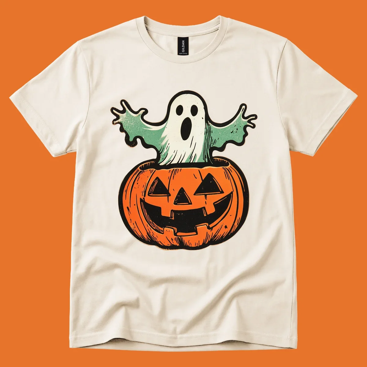 Vintage ghost emerging from a jack-o-lantern, perfect for Halloween.