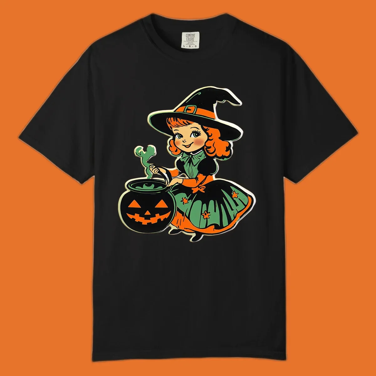 Cute vintage halloween witch brewing a potion in a jack-o-lantern cauldron.