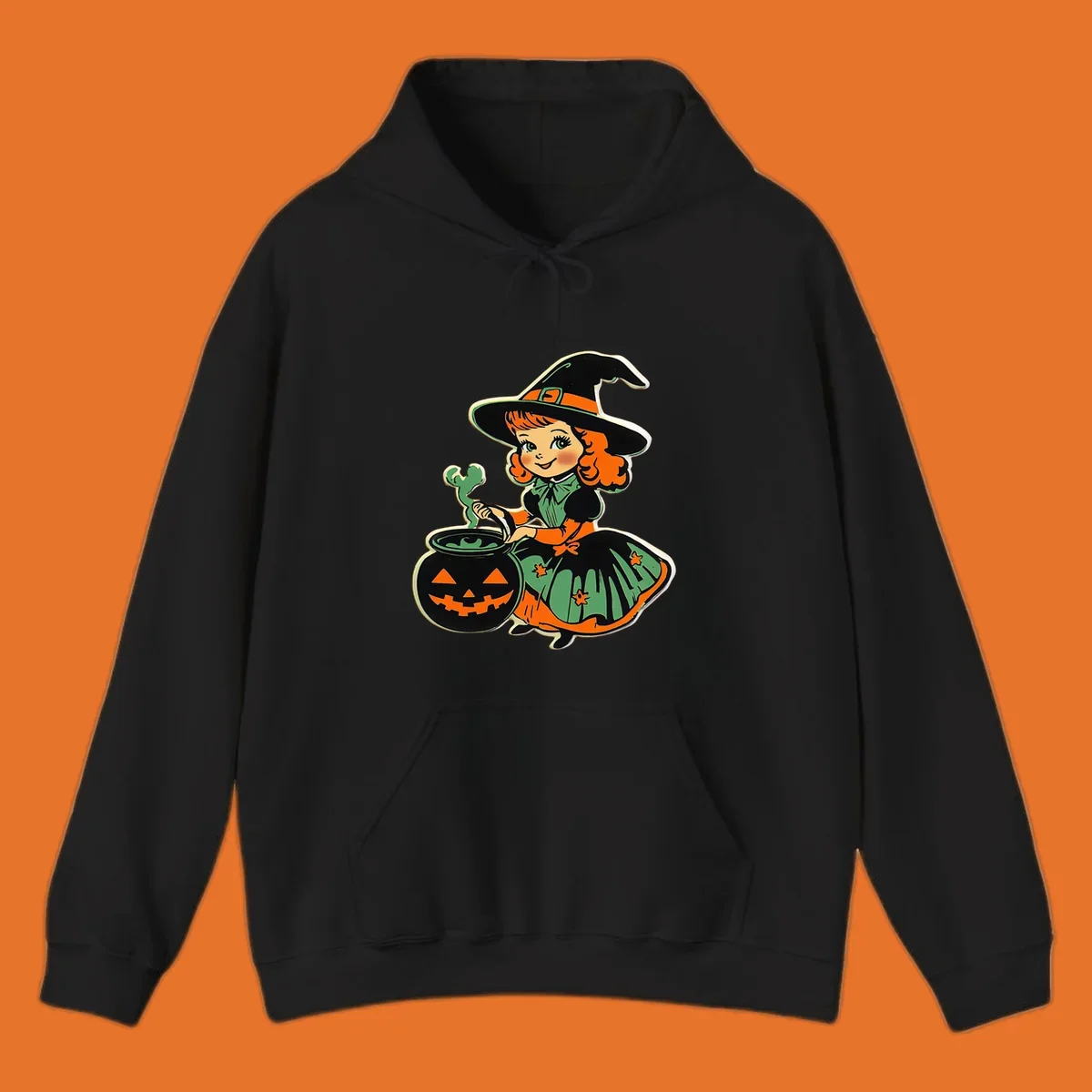 Cute vintage halloween witch brewing a potion in a jack-o-lantern cauldron.